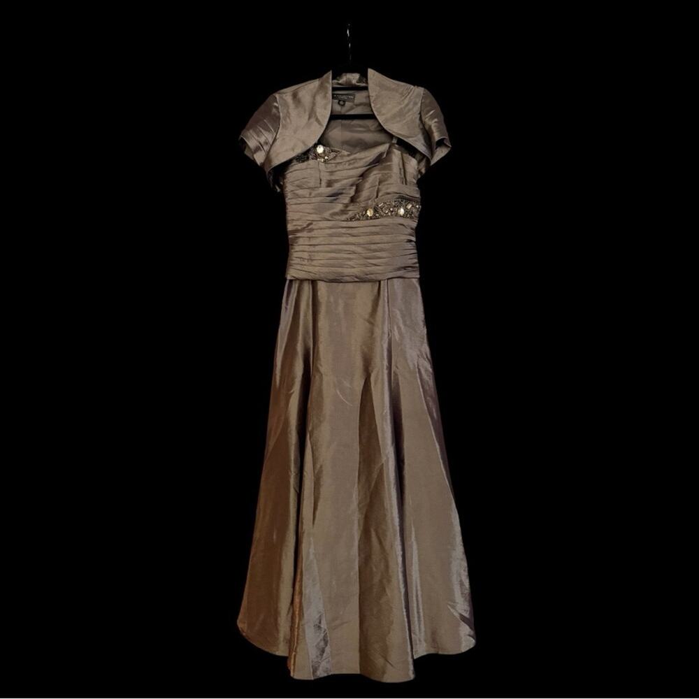 KM Collections Beaded Olive Green Taffeta Gown